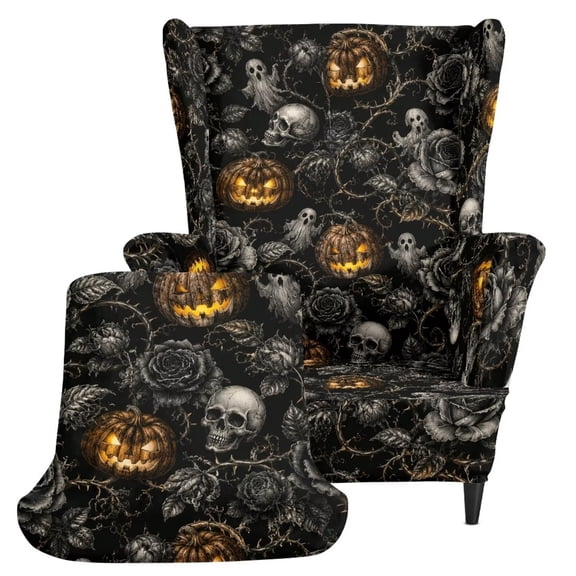 COEQINE Wingback Chair Cover Skull Pumpkin Ghost Rose Vine Wing Backed Chair Slipcover, Separate Cushion Cover, Stretch Furniture Protector, Machine Washable, for Halloween Decor