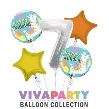 Happy Birthday Llama Round Balloon Bouquet 5 pc, 7th Birthday, Silver Number 7 Jumbo Balloon | Viva Party Balloon Collection