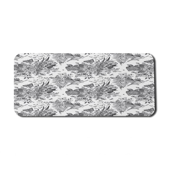 Floral Computer Mouse Pad, Detailed Engraving Look Spring Sketch Butterfly Flowers Leaves Print, Rectangle Non-Slip Rubber Mousepad X-Large, 35" x 15", Charcoal Grey and White, by Ambesonne