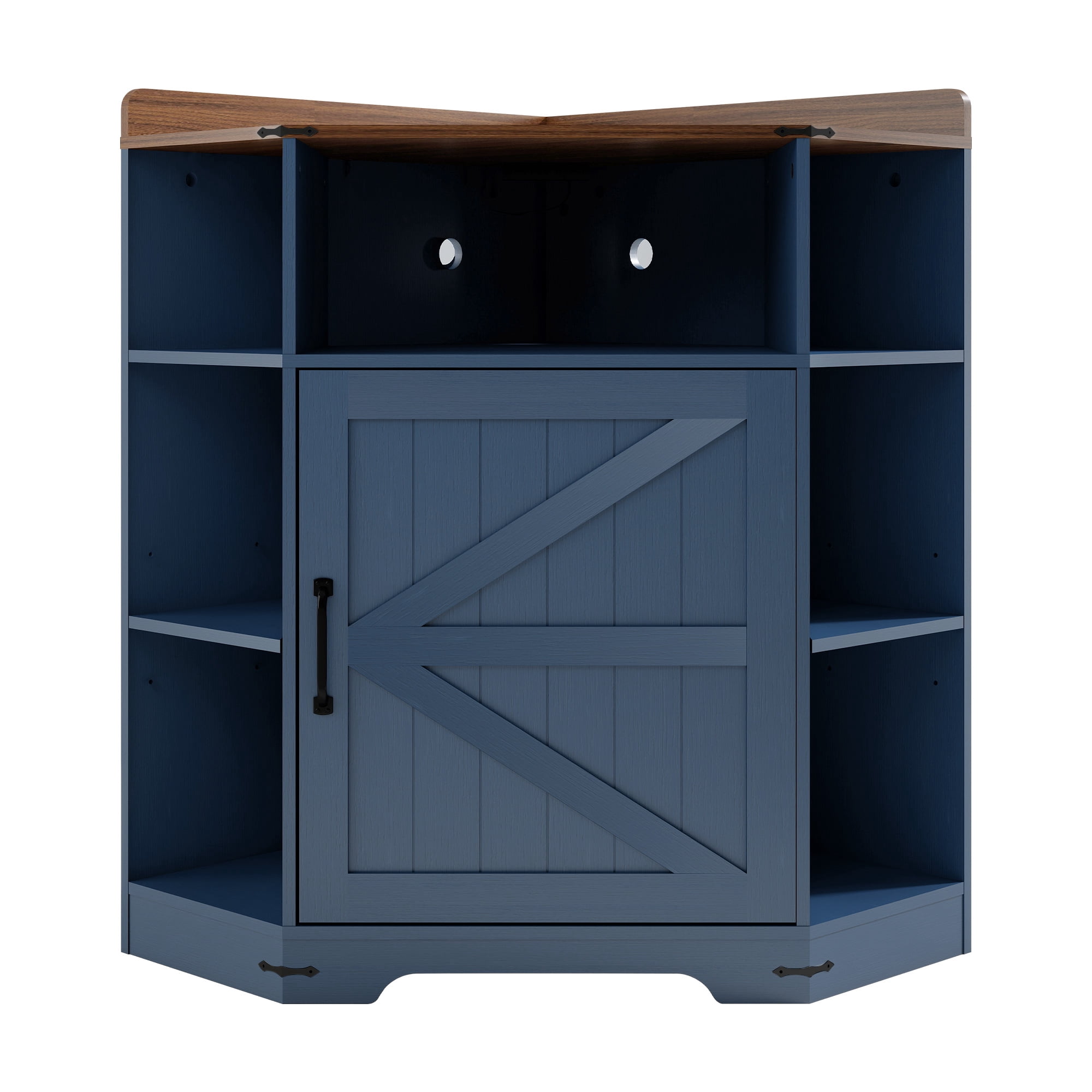 Corner Storage Shelf Cabinet with USB Ports and Outlets, 6-Cubby Wooden Bookshelf and Display Organizer for Small Spaces and Study, Blue and Brown