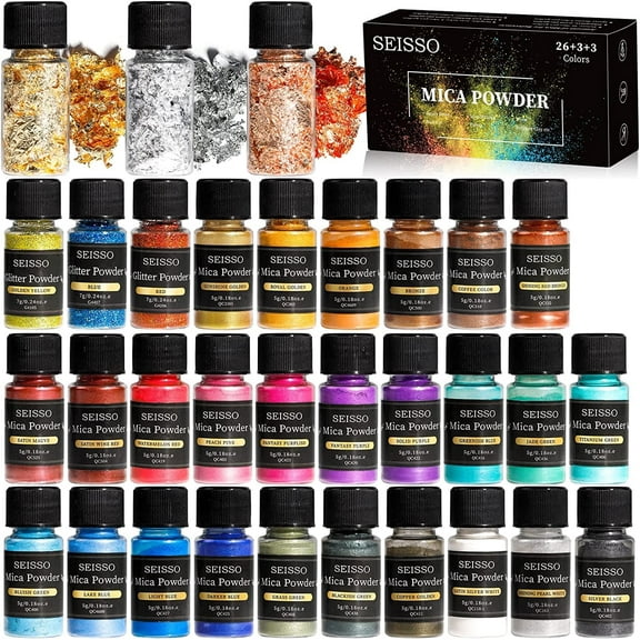 SEISSO Mica Powder-32 Colors Shimmery Mica Pigments in Jars, Natural Resin Epoxy Glitter Powder for Soap Making, Bath Bomb, Lip Gloss, Nail Polish, Slime Set(5g/0.18oz Each Color)