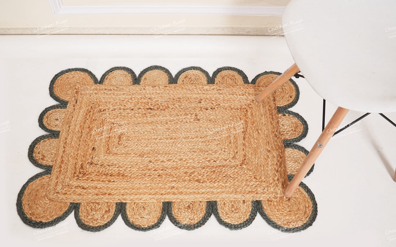 Rectangle Rug Natural Jute Rug Hand Braided Beige and Gray Color Area Rug