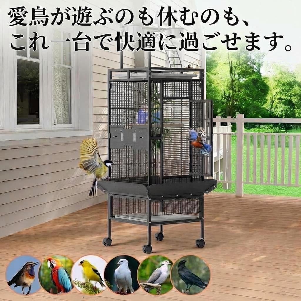 Spacious 60 Inch Wrought Iron Bird Cage with Play Top. 4 Stainless Steel Bowls. Slide-Out Tray. Rolling Stand - Ideal for Parrots. African Grey. Cockatiel. Conure. Budgie. . Canary - White