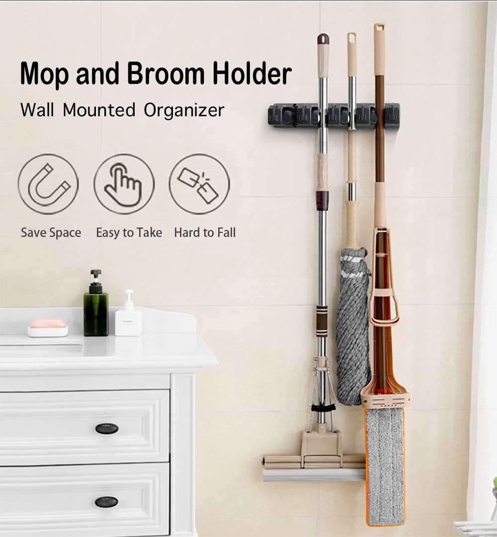 Garage Navaris Broom and Mop Holder Laundry Room Wall Mounted Organizer Holders for Kitchen Wall Mount Metal Utility Rack for Brooms and Mops 