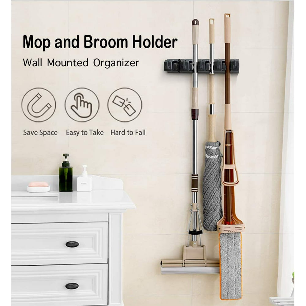 2 pcs Wall Mount Mop Broom Holder Hanger Organizer with 4 Slots and 5