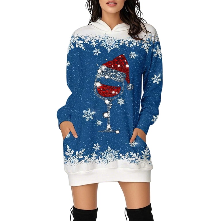 christmas hoodie dresses Dress for Women Long Sleeve Casual Festive Snowflake Print Holiday Long Hoodie Tunic Sweatshirt with Pockets 12y Color:Ivory/Nude/Nude Brown Bodycon Dresses | Snowman For more detailed image