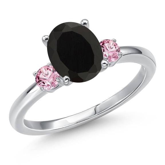 Gem Stone King 14K White Gold Black Onyx and Pink Lab Grown Diamond Engagement Ring for Women | 2.26 Cttw | Oval 9X7MM | Gemstone December Birthstone | Size 5