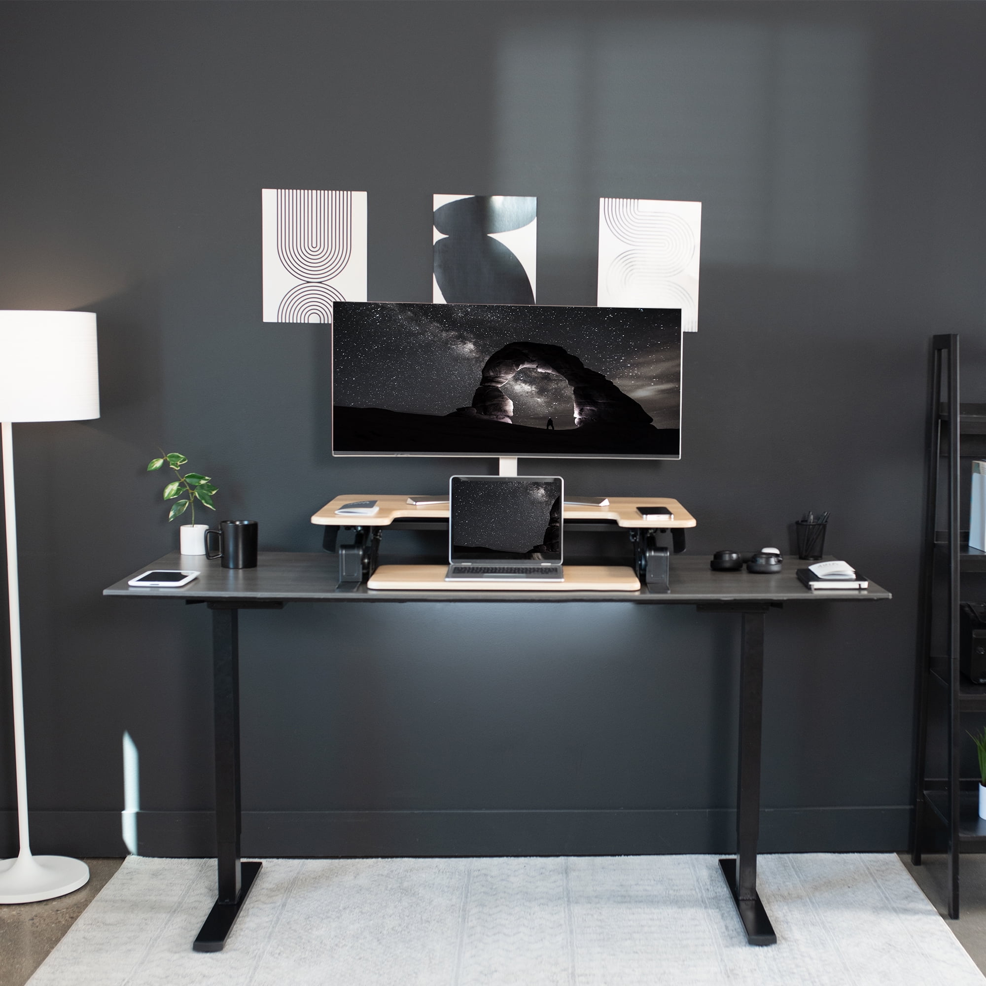 VIVO Light Wood Height Adjustable Standing Desk Monitor Riser Tabletop Sit Stand