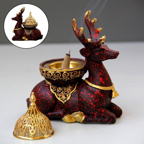Soporte de Resina BLESIY Reno Estatuilla Quemador de Incienso con Tapa Rojo
