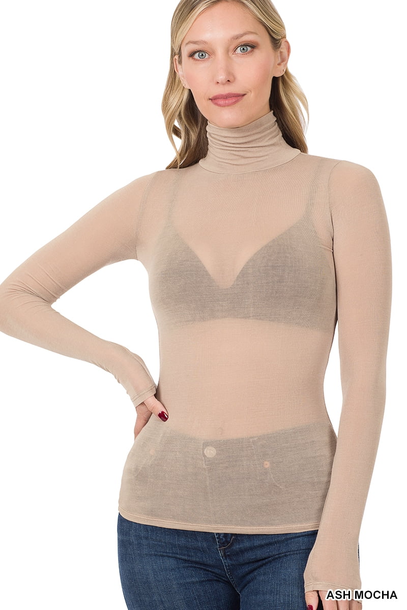 Zenana Women Sheer Long Sleeve Sexy Mesh Turtleneck Blouse