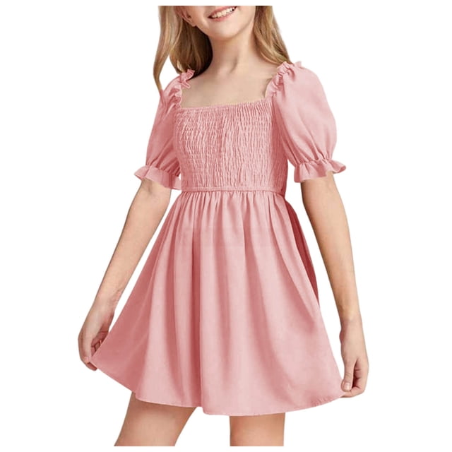 sertiohcv Robe Fille Décontractée Été Fille Manches Bouffantes Encolure Carrée Bohème à Volants Smockée Froncée Évasée Robe Midi Rose Taille pour 13-14 Ans