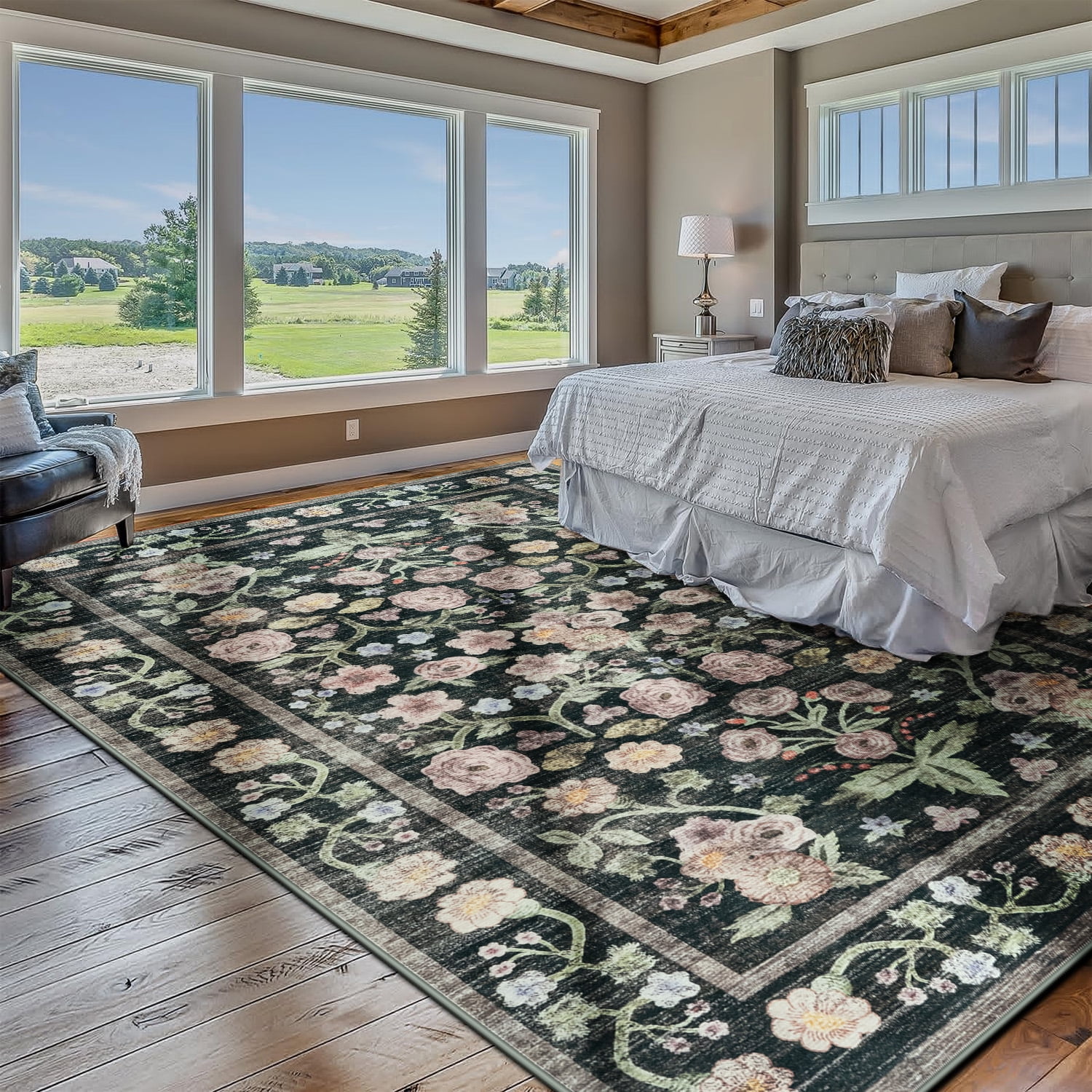 Ultrug Floral Area Rug Soft Non Slip Vintage Rugs for Living Room Bedroom Home Deocr Flower Carpet,6'x9',Black