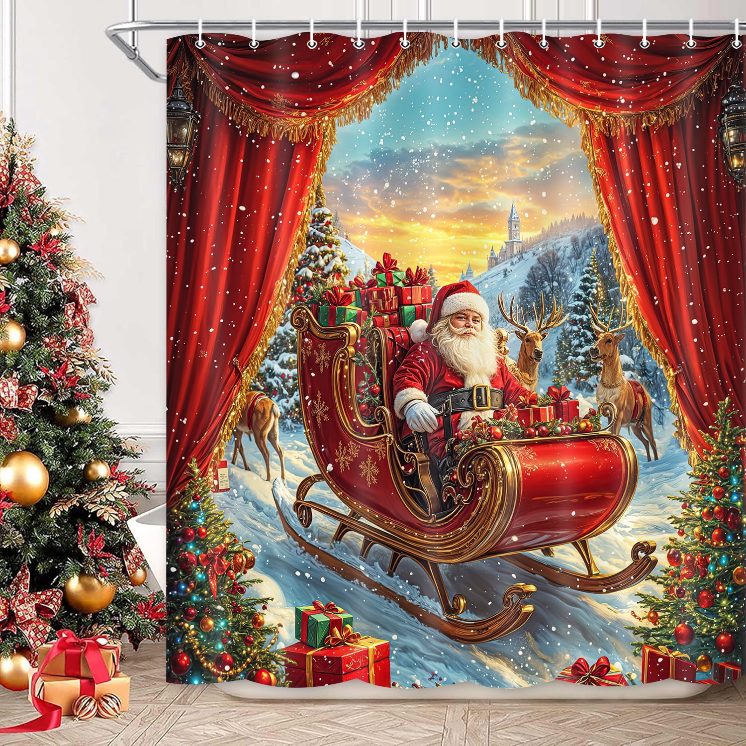 Christmas Shower Curtain, Funny Winter Santa Reindeer Xmas Trees Gift Red Bathroom Curtain, Farmhouse Snowflake Holiday Kids Girls Boys Bath Decor Shower Curtain Sets with Hooks, 72X72in