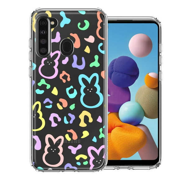 MUNDAZE for Samsung Galaxy A21 Leopard Easter Bunny Candy Colorful Rainbow Double Layer Phone Case Cover