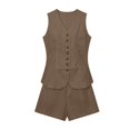 thumbnail image 3 of Uootdi Women's 2 Piece Matching Lounge Set Sleeveless V Neck Button Down Vest High Waist Pleated Linen Shorts Set with Pockets, 3 of 6