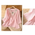 thumbnail image 4 of yunLCZ Basic T Shirts Women's Loose Cotton Elegant Summer Five Part Sleeve Top Temperament 2025 Literary Retro Round Neck Embroidered Shirt Women's Short Sleeve T Shirt Office Shirts Pink M, 4 of 4