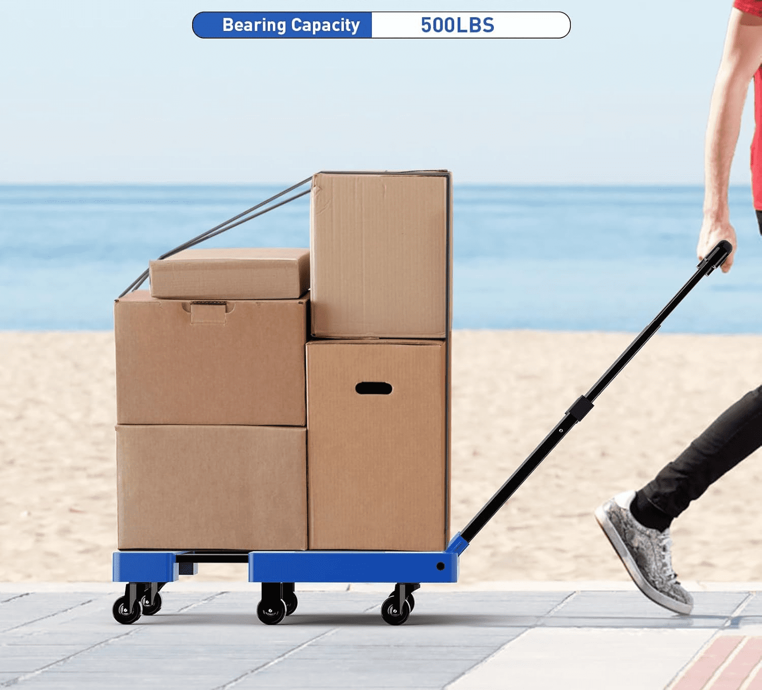 LLMRR Folding Hand Truck, Heavy Duty Dolly Cart, Collapsible Luggage Cart with 6 Wheels & 2 Elastic Ropes, 500 LB Capacity Portable Luggage Cart for Moving, Traveling and Shopping, Blue