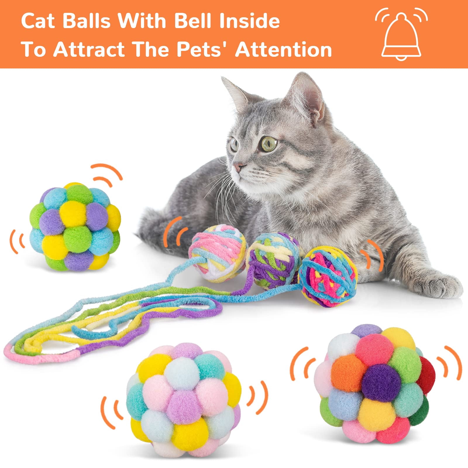 Cat Toys Balls, Yarn Cat Ball with Bell Inside, Kitten Toys for Indoor Cats Kitty, Interactive Cat Nip Chew Toys for All Pet Breed 6 Pack