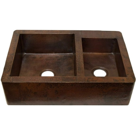 Novatto TCK-005AN Farmhouse 60/40 Split Copper Kitchen Sink, Antique