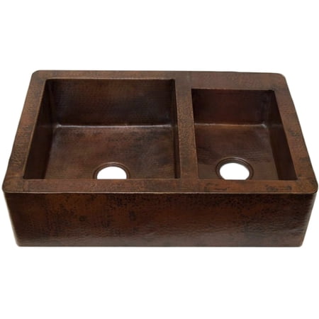 Novatto TCK-005AN Farmhouse 60/40 Split Copper Kitchen Sink Antique