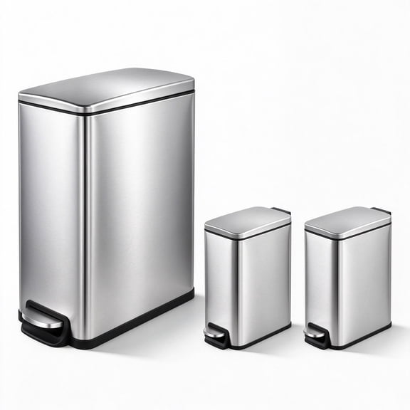 Innovaze 11.9 Gallon / 45 Liter Kitchen Garbege Can and Two 1.6 Gallon / 6 Liter Bathroom Office Trash Can, Stainless Steel Slim Step on Trash Can Set, Silver
