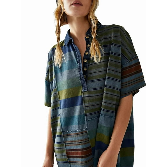 Women Contrast Striped Babydoll Y2k Summer Patchwork T- Shirt Dress Vintage V Neck Short Sleeve Dress Dark Green S