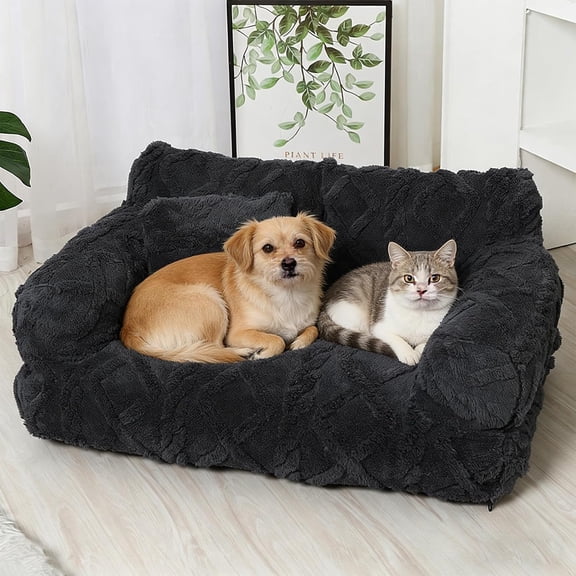 Plush Calming Pet Sofa Bed – Raised Rim, Removable Cover & Non-Slip Bottom for Cats & Dogs (Black,Small)