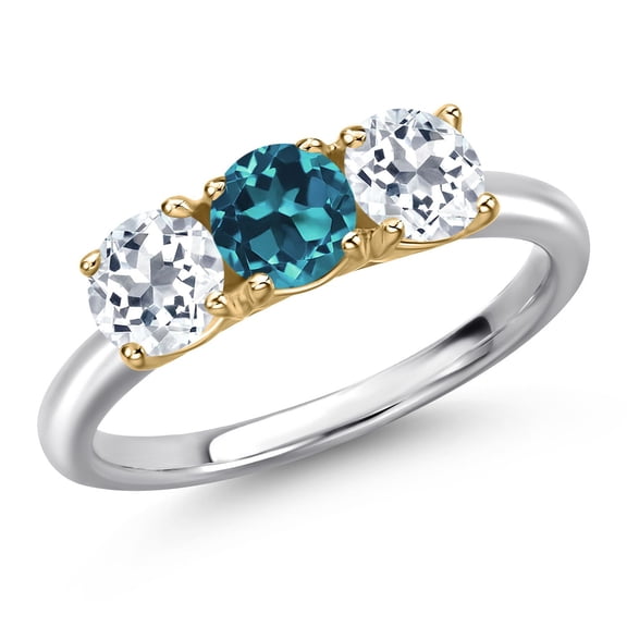 Gem Stone King 925 Silver and 10K Yellow Gold London Blue Topaz and White Topaz Engagement Ring for Women | 1.90 Cttw | Round 5MM | Gemstone November Birthstone | Size 6