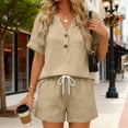 thumbnail image 4 of Xdegoge Women's Cotton Linen 2 Piece Outfits Summer Casual V Neck Button Down Short Sleeve Shirts and Drawstring Shorts Lounge Set Tracksuit with Pockets, 4 of 5