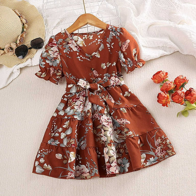 PatPat Kid Girl Clothes Girls Dress Age 9 To12 Ruffled Floral Print Splice  Belted Flutter-sleeve Dress