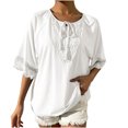 thumbnail image 1 of Moda mujer verano Casual cuello redondo manga corta Color sólido encaje costura Tops pulóver blusa Pompotops hkajfhjk470808, 1 of 7