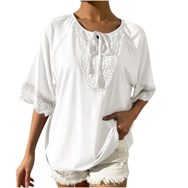 Moda mujer verano Casual cuello redondo manga corta Color sólido encaje costura Tops pulóver blusa Pompotops hkajfhjk470808
