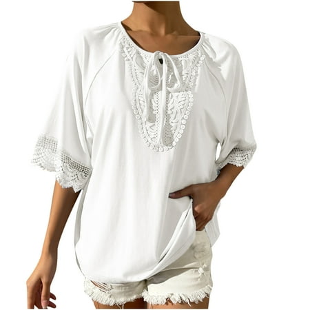 

Shirts for Women Womens Tops Dressy Casual Fashion Women s Summer Casual Round Neck Short Sleeve Solid Color Lace Stitching Tops Pullover Blouse Off The Shoulder Tops for Women White M