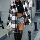 thumbnail image 5 of Plaid Print Lapel Coat, Warm Mid Length Long Sleeve Single Button Plush Plaid Coat  For Home For Working ANGGREK Negro L, 5 of 8