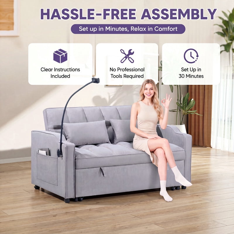 Gewnee 53" Sofa Bed, 3 in 1 Convertible Sleeper Sofa, Velvet Pull Out Couch Bed with USB Ports, Phone Holder & Side Storage Pockets, Adjustable Loveseat Sofa Bed for Living Room, Gray
