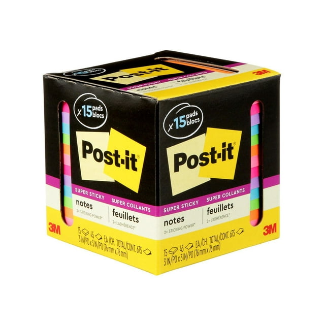 Post-it® Super Sticky Notes 654-15SSCP, Cabinet Pack, Assorted Colours, 3 in x 3 in (76 mm x 76 mm)