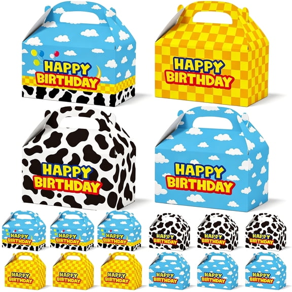 Sinekong 16 Pcs Toy inspired Birthday Party Favor Boxes, Cow Print Story Birthday Goodie Box for Party Supplies