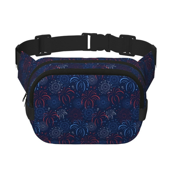 Rateoe Blue Firework Print Fanny Pack Belt Bag for Women and Men, Square Double-Layer Waterproof Waist Pack with Adjustable Strap for Hiking, Jogging, Cycling