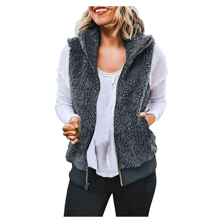 wofedyo Vest for Women Womens Sherpa Fleece Vests Zip Up Sleeveless Faux Fur Furry Fall Winter Warm Coat with Two Pockets Artificial Wool Vest