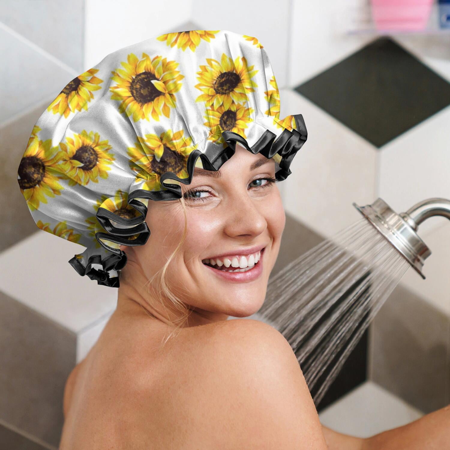 Shower Caps,White Yellow Sunflower Pattern Waterproof Shower Cap for Women 4 Pieces,Double Reusable Hair Cover for Shower PEVA Elastic Stretch Hem