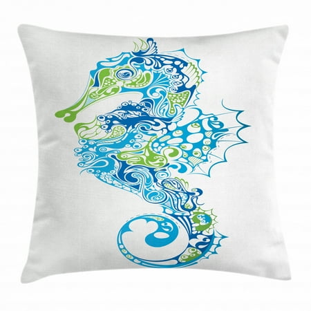 Seahorse Throw Pillow Cushion Cover Seahorse Design With Abstract Curvy And Wavy Geometric Forms Decorative Square Accent Pillow Case 24 X 24 Inches Lime Green Blue And Night Blue By Ambesonne