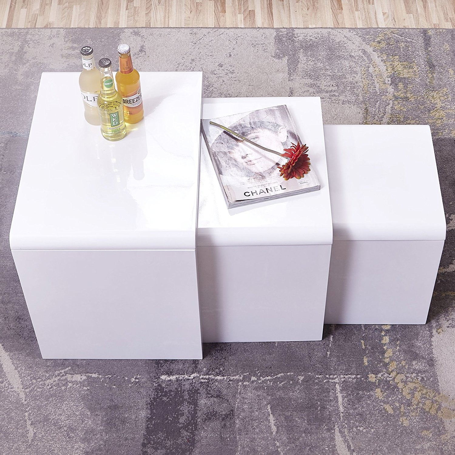 Modern Nest of 3 Coffee Table Side End Table High Gloss White Living Room