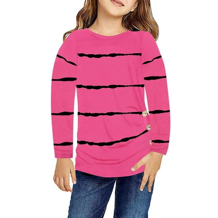 

Little Girls Casual Long Sleeve T Shirts Crewneck Tunic Tops Kids Button Striped Tee Blouses Autumn Clothes Ting Tops for Teen Girls