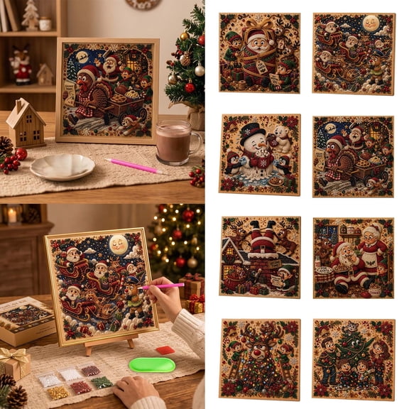 Homellea Christmas Pearl Diamond Painting Kit with Frame, 7.87 Inch DIY Santa Stuck in Chimney Bead Art Canvas with Reindeer, Elf and Gifts for Wall, Shelf, Mantel and Holiday Home Decor