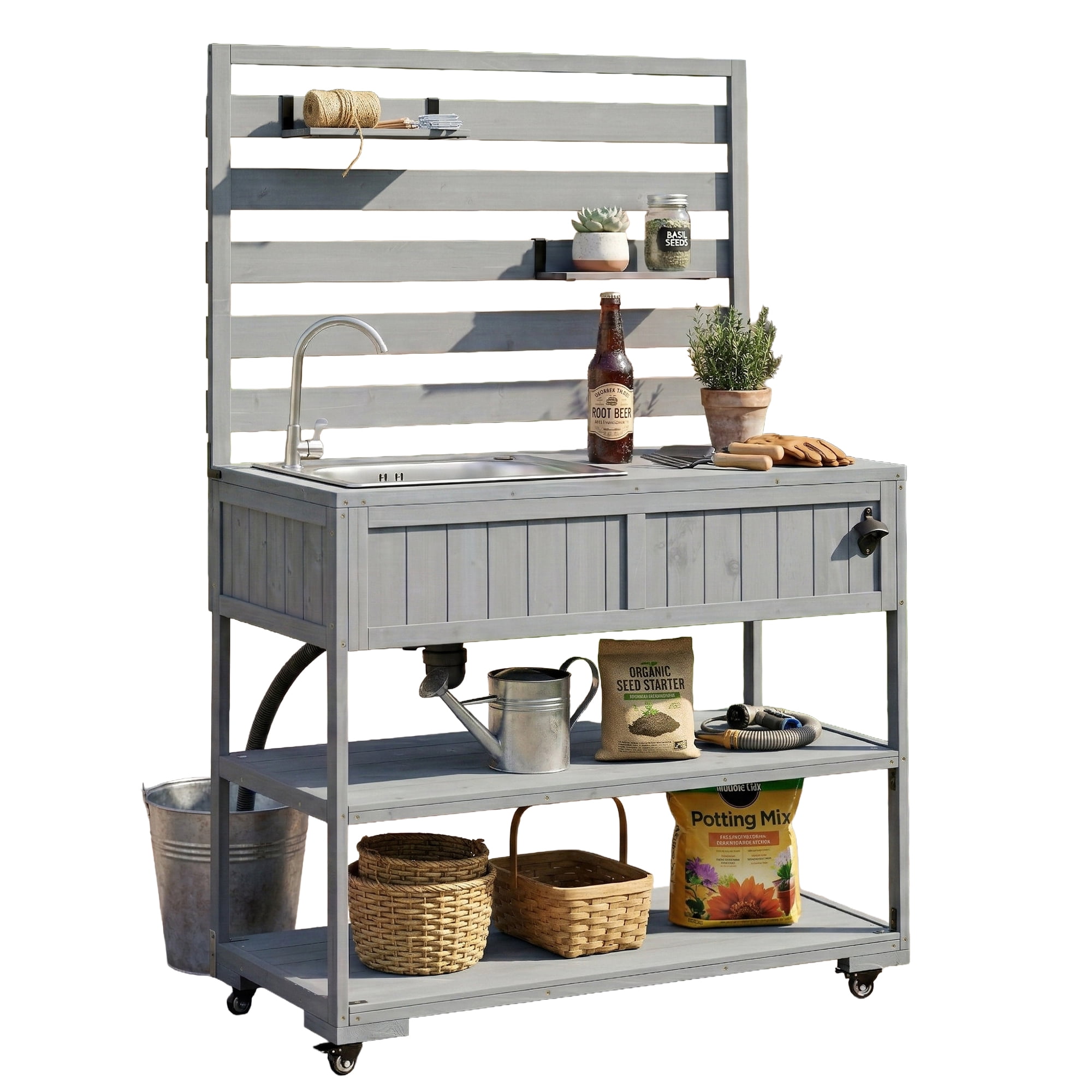 Mintazer Outdoor Rolling Kitchen Island with Sink & Faucet, Garden Potting Bench with Stainless Table Top & 2 Movable Shelves and Bottle Opener, Gray