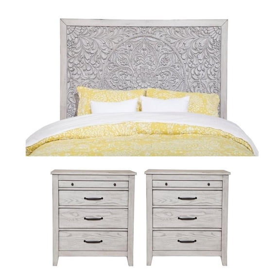 Home Square 3 Piece Set with Nightstand & King Headboard in Weathered Light Gray