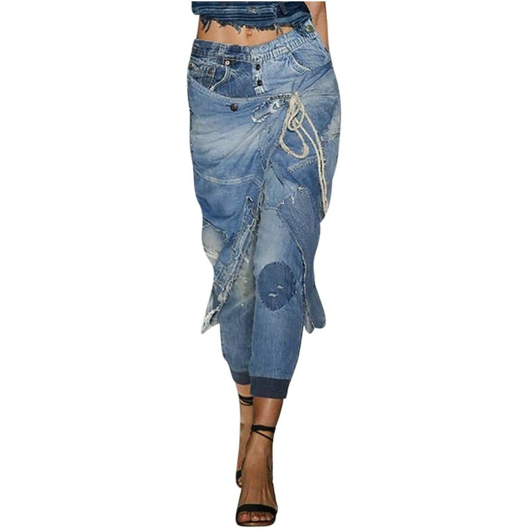 Cethrio Jeans for Women- Casual Button High-Waist Wide-Legs Fashionable  Blue Womens long pants Size 2XL