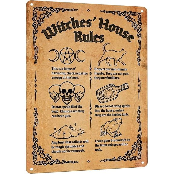 Witch's House Rules Metal Tin Sign - Vintage Wall Art Poster for Kitchen, Bathroom, Door Decor - Gothic Witchy Home & Halloween Decoration - Gift for Witchcraft Enthusiasts, 8x12 Inches
