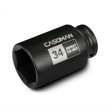

CASOMAN 1/2 Drive x 34 mm Deep 6 PT Impact Socket Cr-Mo 1/2-inch Drive 6 Point Axle Nut Socket for Easy Removal of Axle Shaft Nuts (34MM)