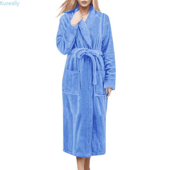 Kureaily Women Solid Color Coral Bathrobe Winter Long Sleeve Pocket Belt Cardigan Flannel Nightgown Sleepwear Pajama Dress